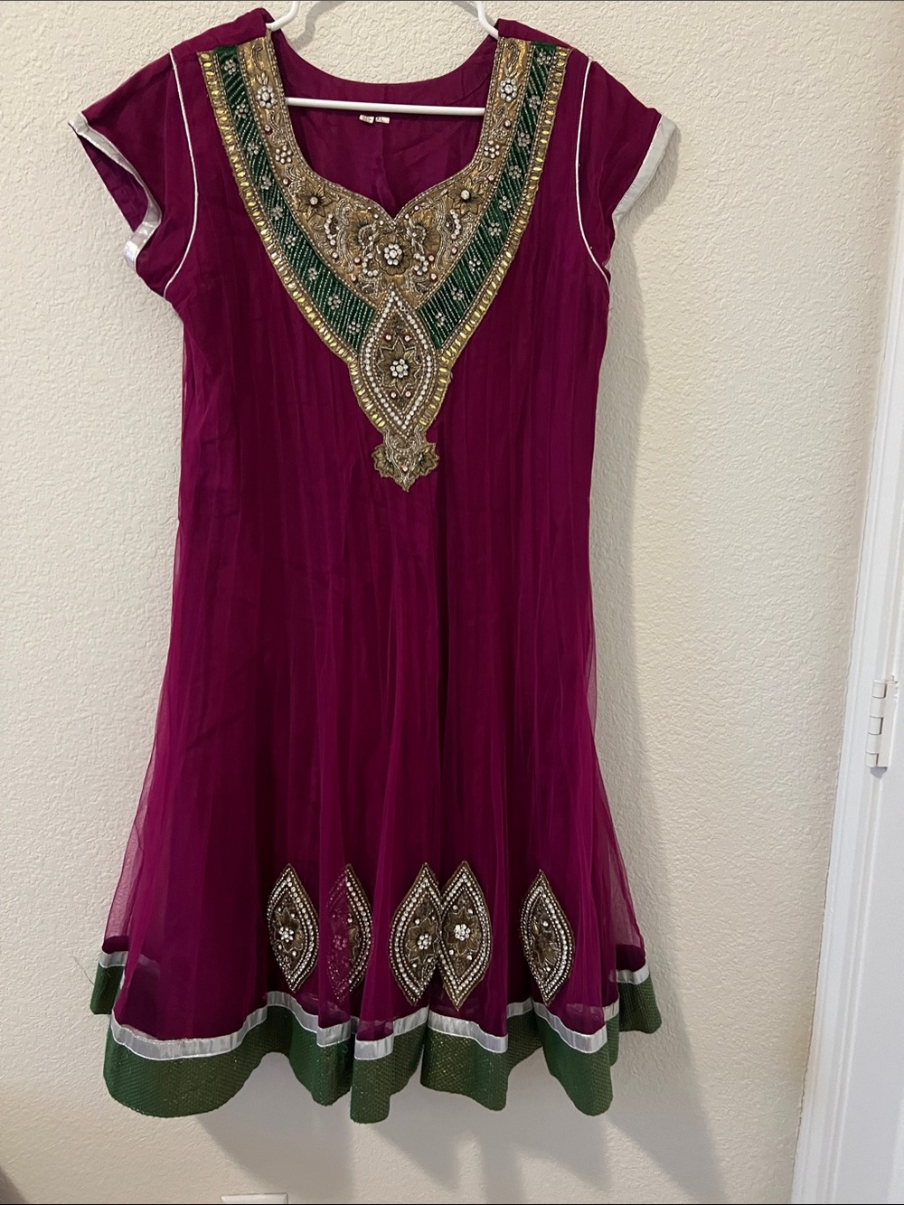 Magenta Embellished Formal Anarkali Dress with Green Accents